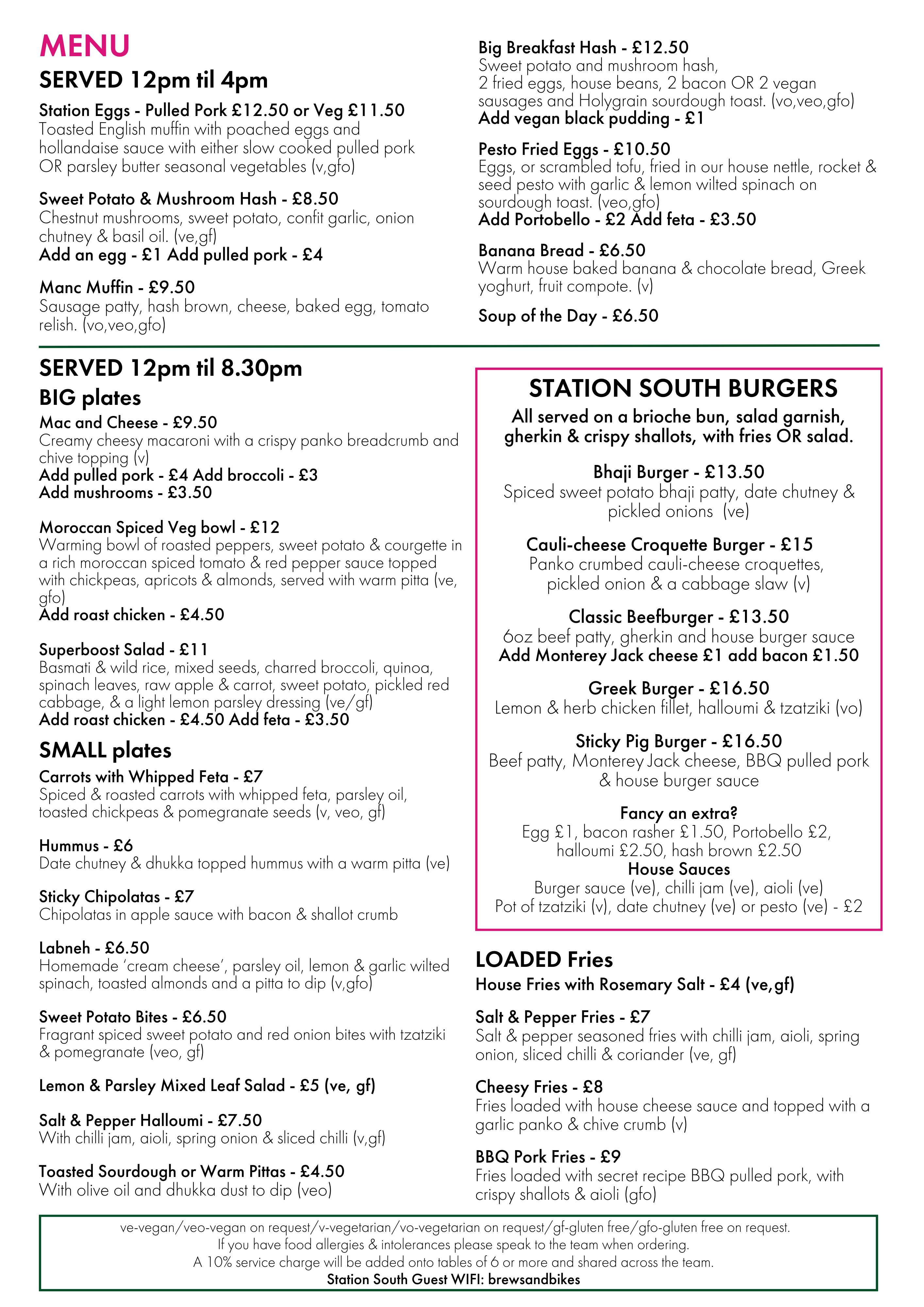 Station South Menu - Evening and Afternoons