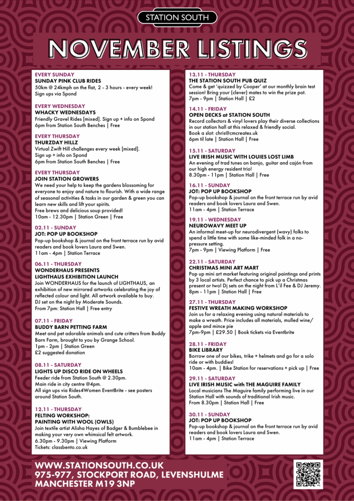 Listings poster for November with event names, information, times, dates and pricing.